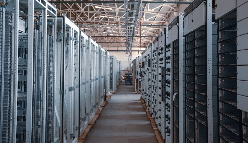 Server room with fiber optic infrastructure carrying high-speed data