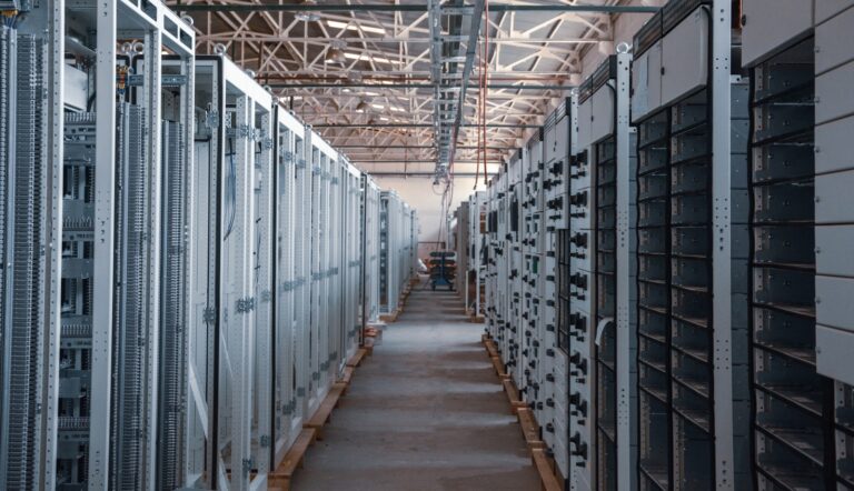Server room with fiber optic infrastructure carrying high-speed data