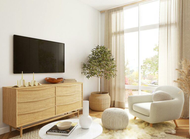 Modern living room with large 4K flat screen TV