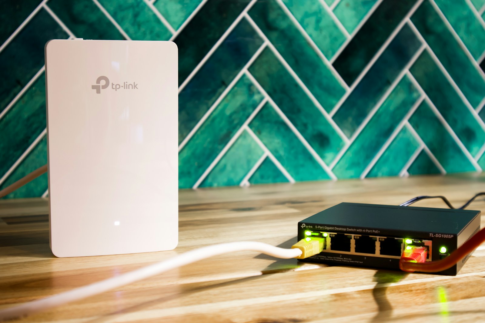 WiFi router with network switch on table